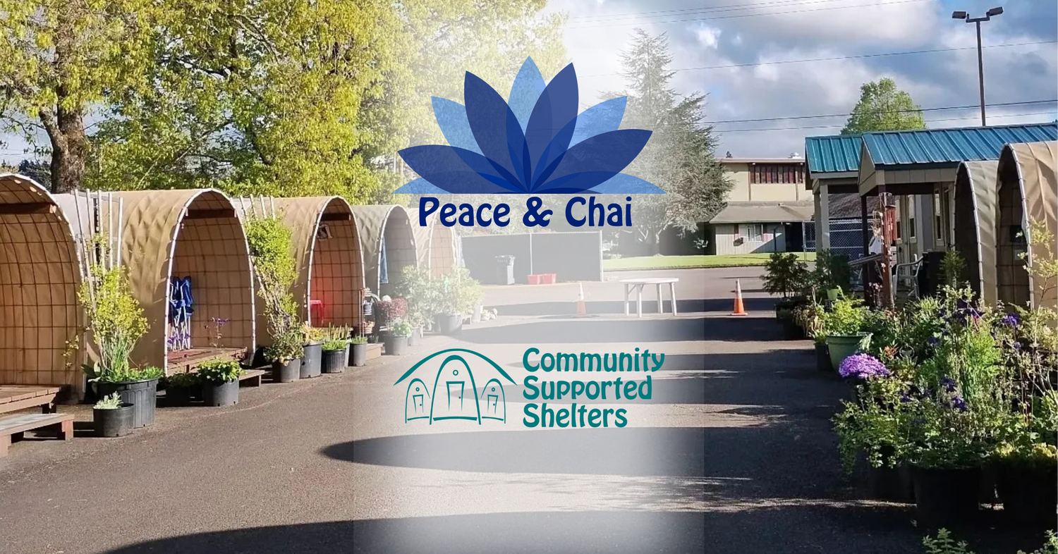 A wide path with a row of rounded huts on either side. Green shrubs sit in front of the huts, and tall shadows span across the pathway. Text overlay: Peace and chai logo and community supported shelters logo.