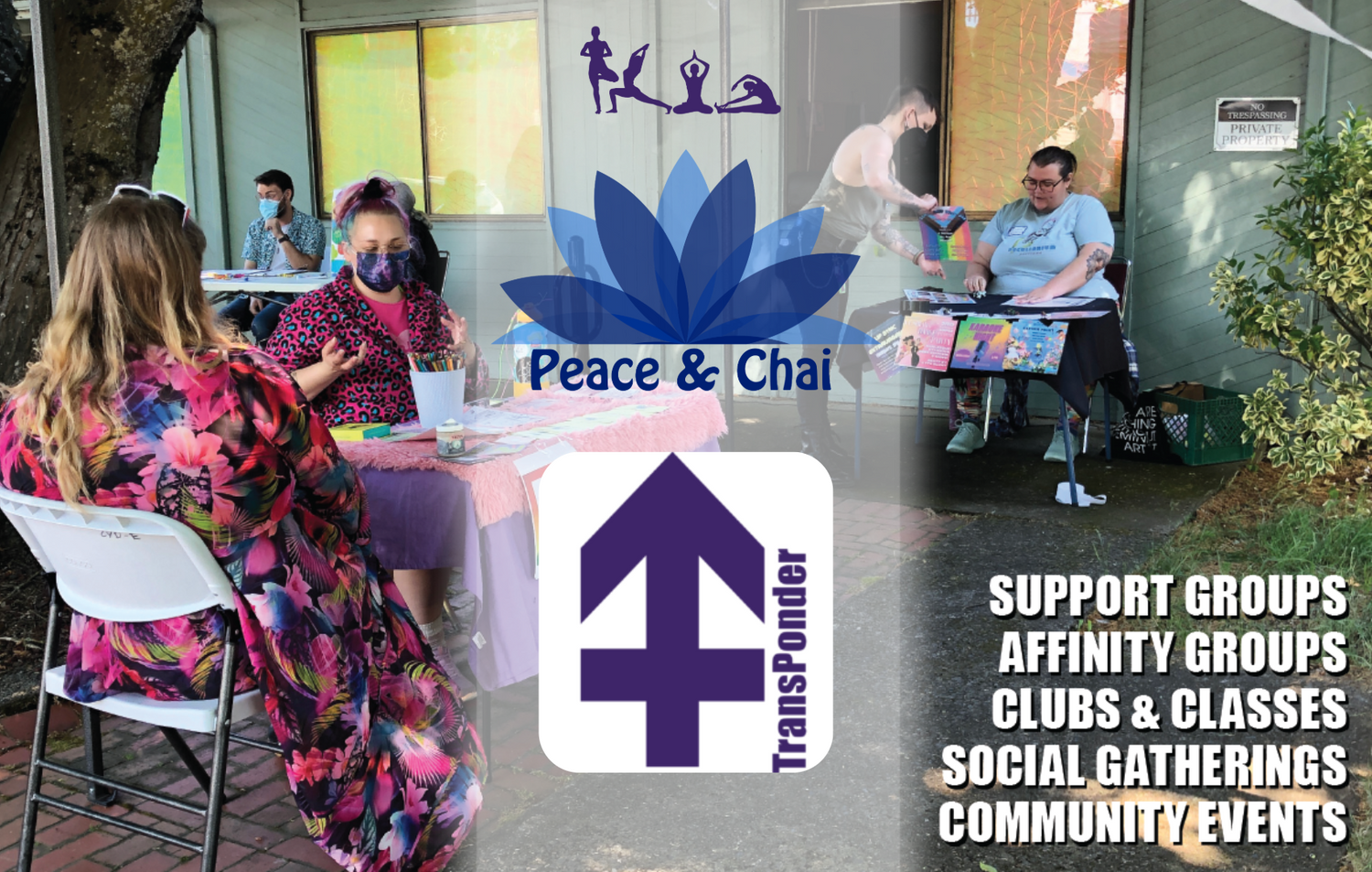 Two people sitting at a table talking during a TransPonder event. Peace and chai logo, TransPonder logo, support groups, affinity groups, clubs and classes, social gatherings, community events